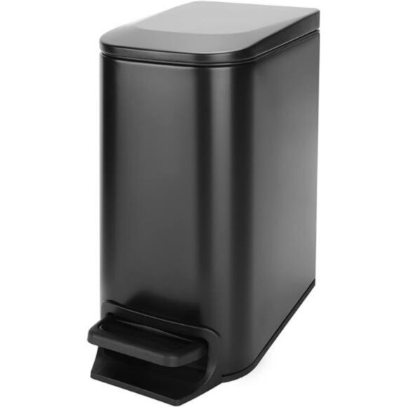 Small Black Bathroom Trash Can with Lid Step Pedal Soft Close Slim Garbage Bin - Picture 1 of 7